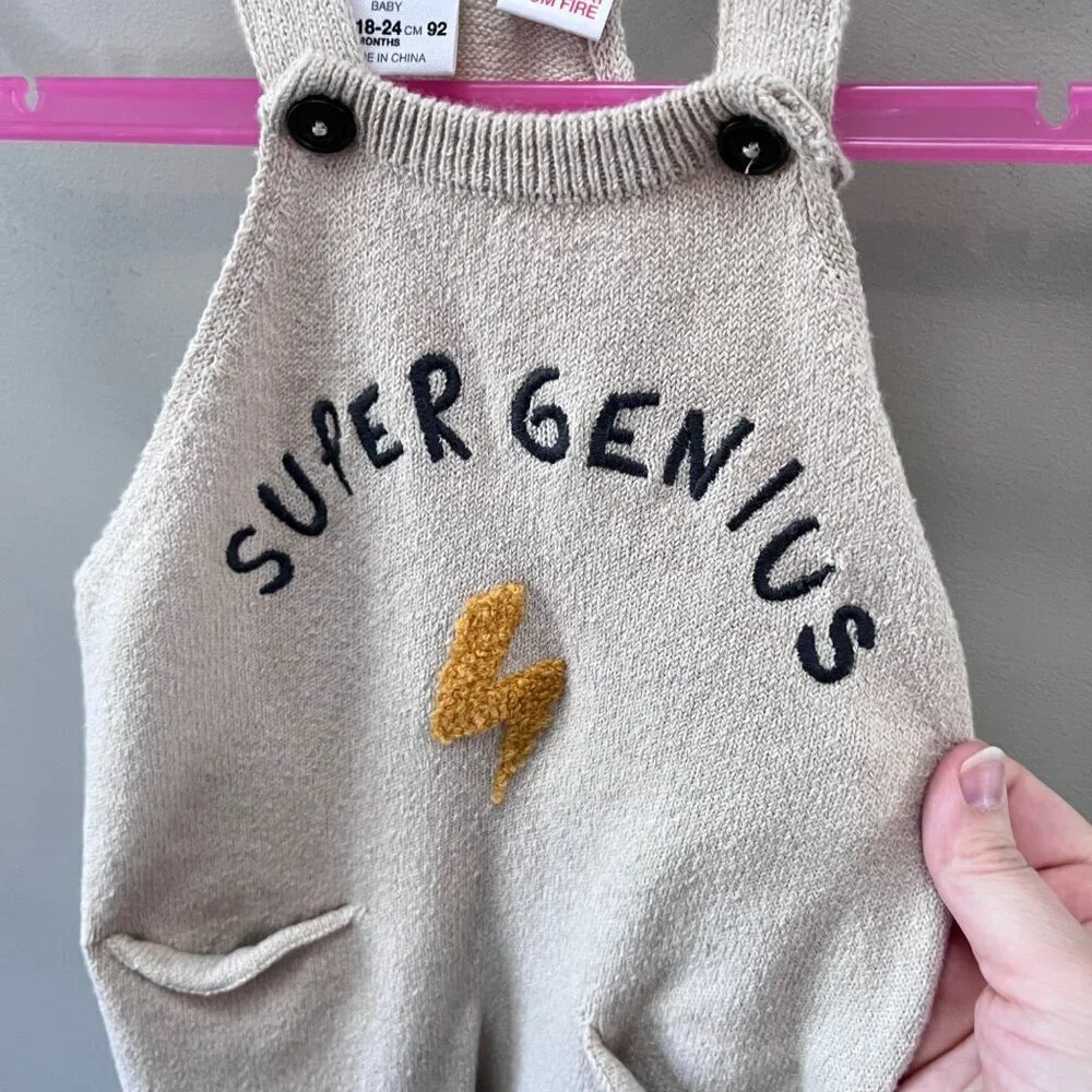 Zara Baby Boys Super Genius Knit‎ Overalls Romper- Size 18-24m